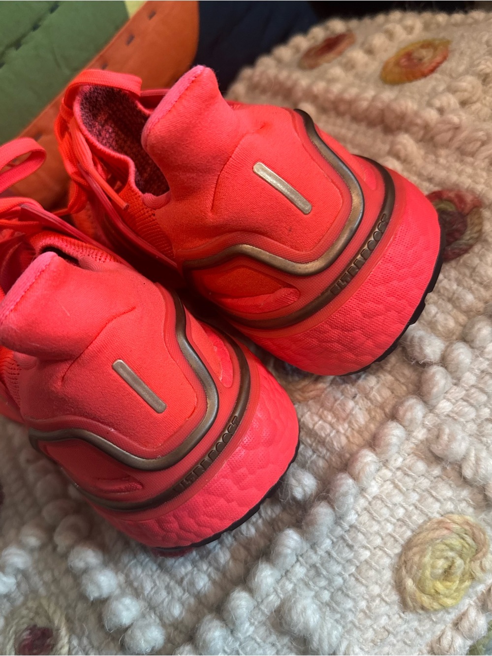 Adidas Women’s Ultra Boost Neon Red Knit Comfort Running Sneakers Gold Stripes - Picture 7 of 10